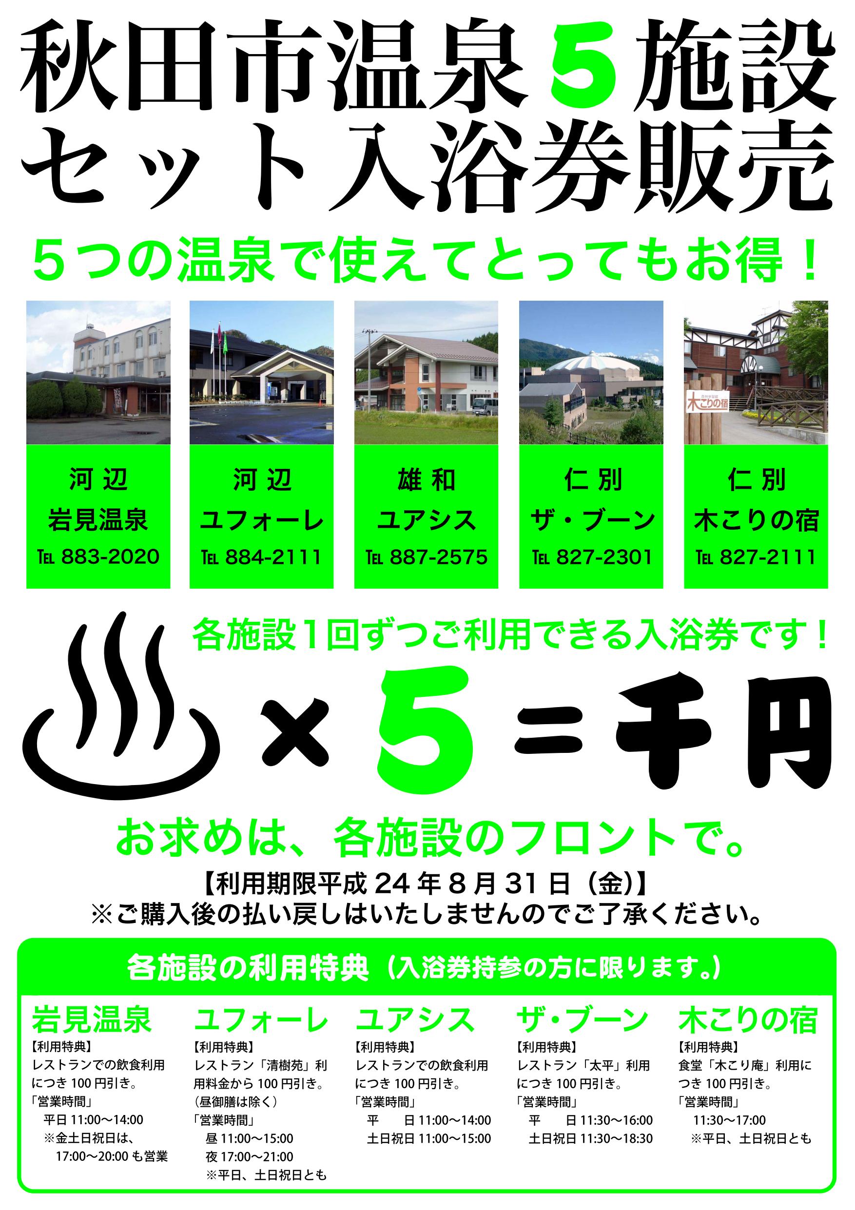 秋田市温泉５施設セット入浴券